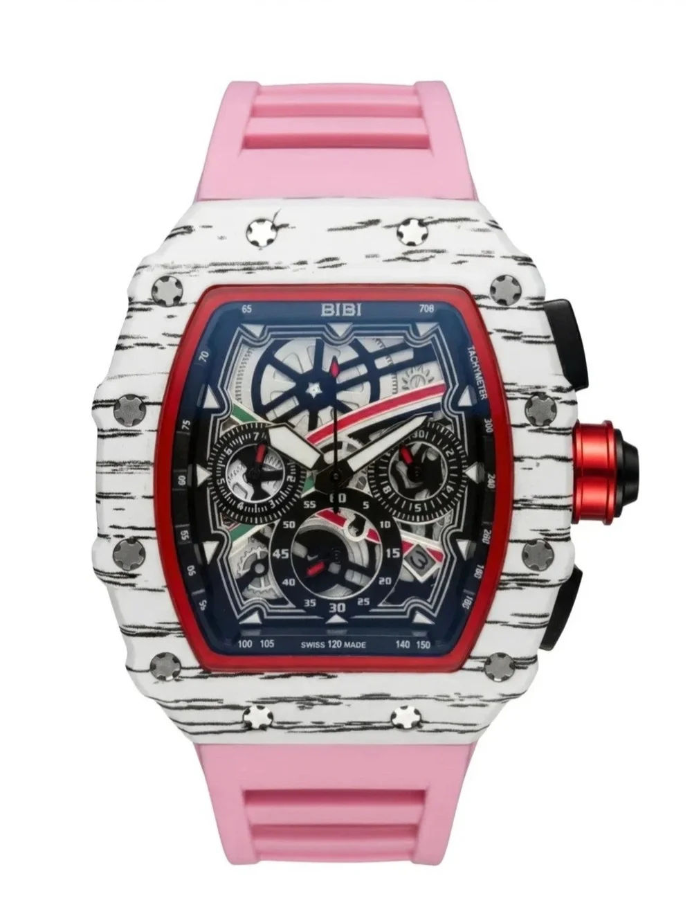 ​BiBi Sports Quartz Watch Chronograph Skeleton Face White Tonneau Pink Rubber